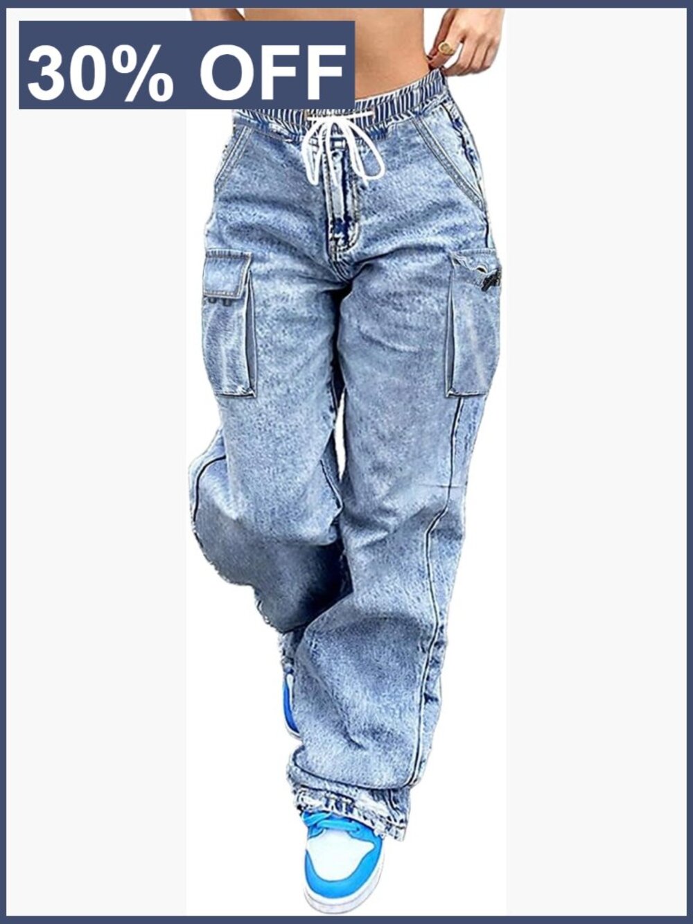 Mid Rise Cargo Jeans Women Elastic Waist Stretch Wide Leg Denim Pants with